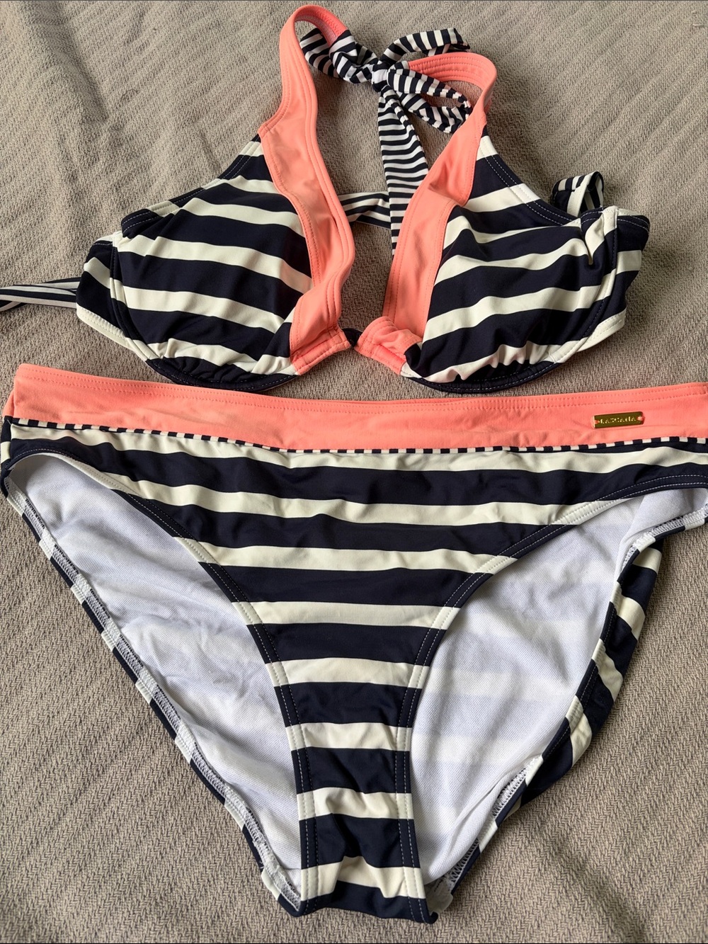 VENUS Navy Stripe Bikini with Coral Trim